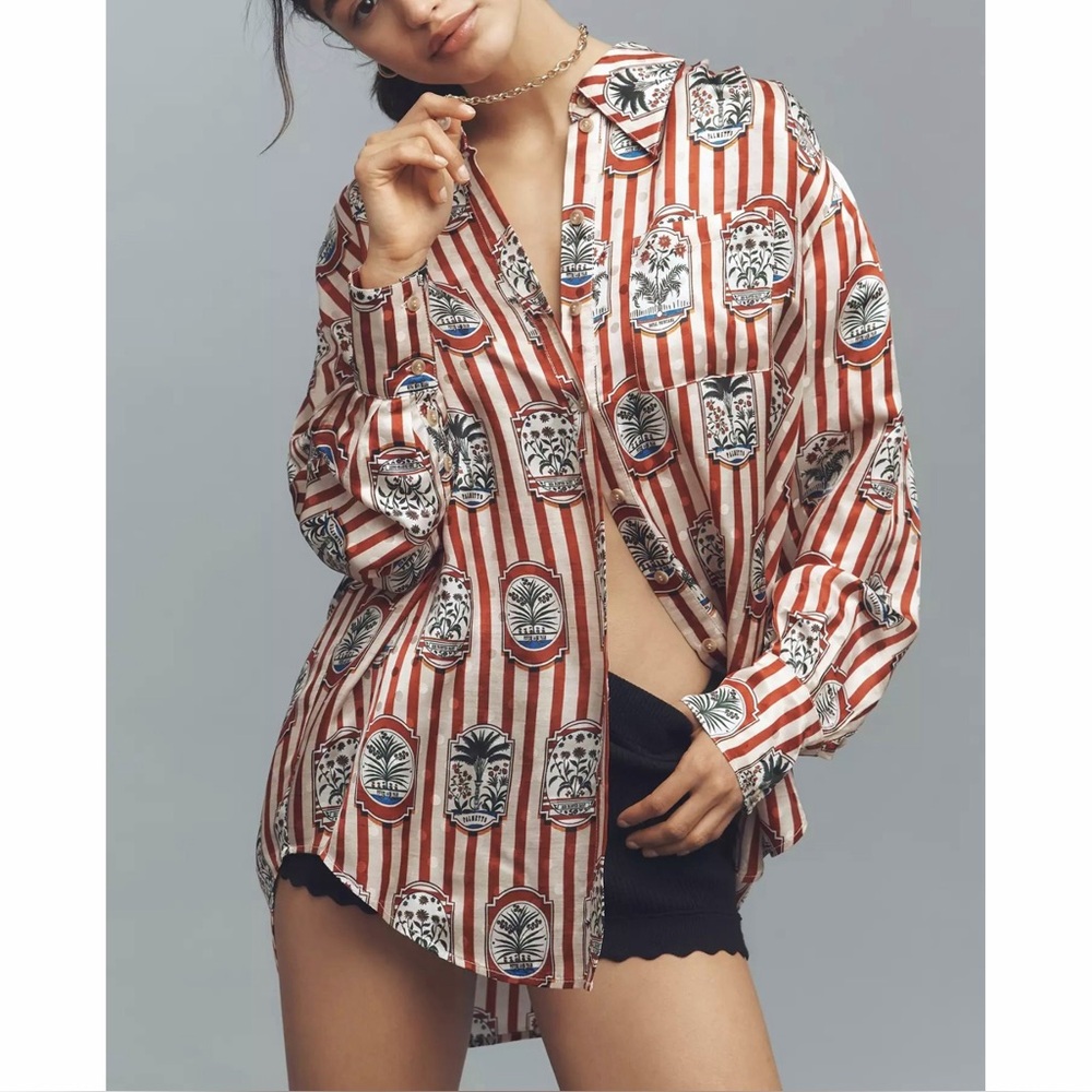 NWT Hunter Bell Miles Shirt Top Red White Stripe Mallet Club Floral Plant S